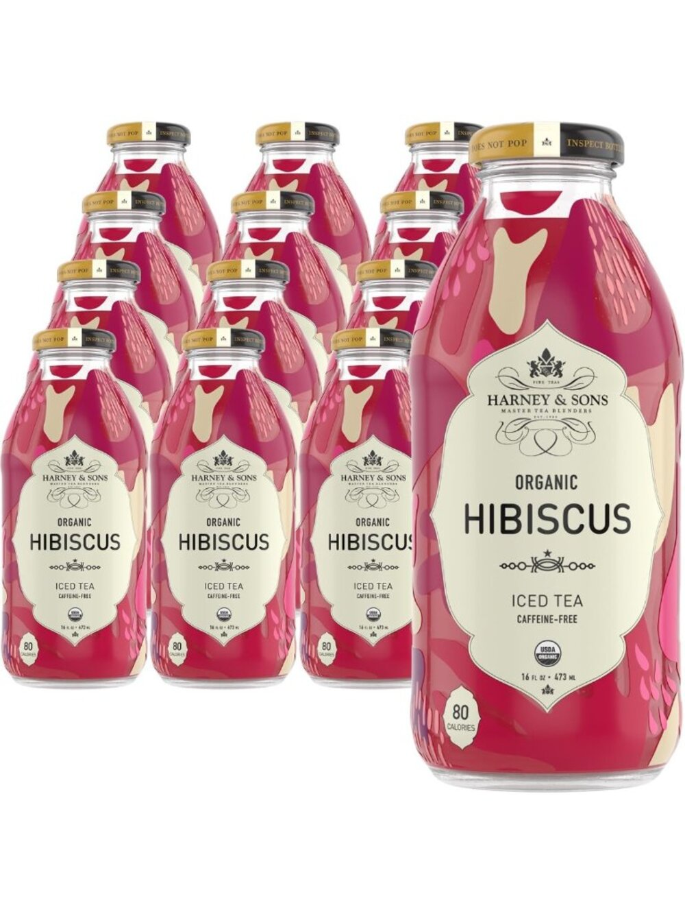 Organic Hibiscus Iced Tea - 12 Glass Bottles, Refreshing Herbal Drink, 16 fl oz